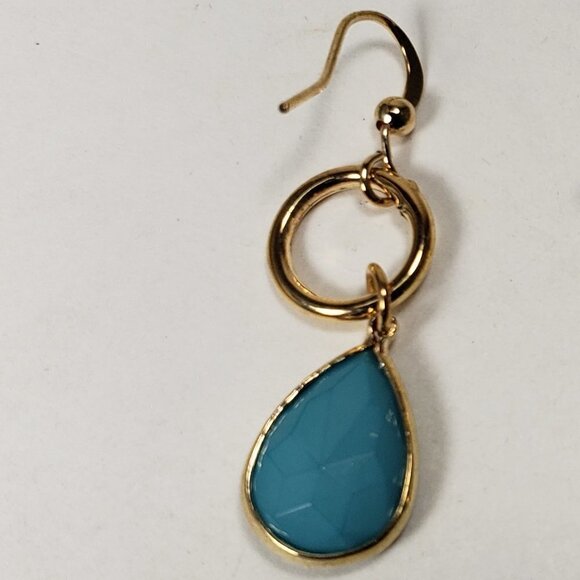 Women's Turquoise Dangle Earrings - Small Hoop Polished Gold Tone Drop Jewelry - Picture 4 of 9